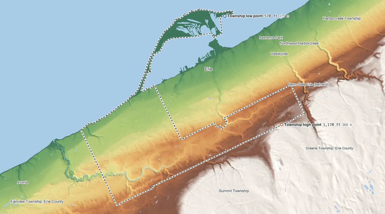 Topographic elevation map of Millcreek Township, Pennsylvania, shaded from 570 ft on the northeast side to 1,170 ft on the east side