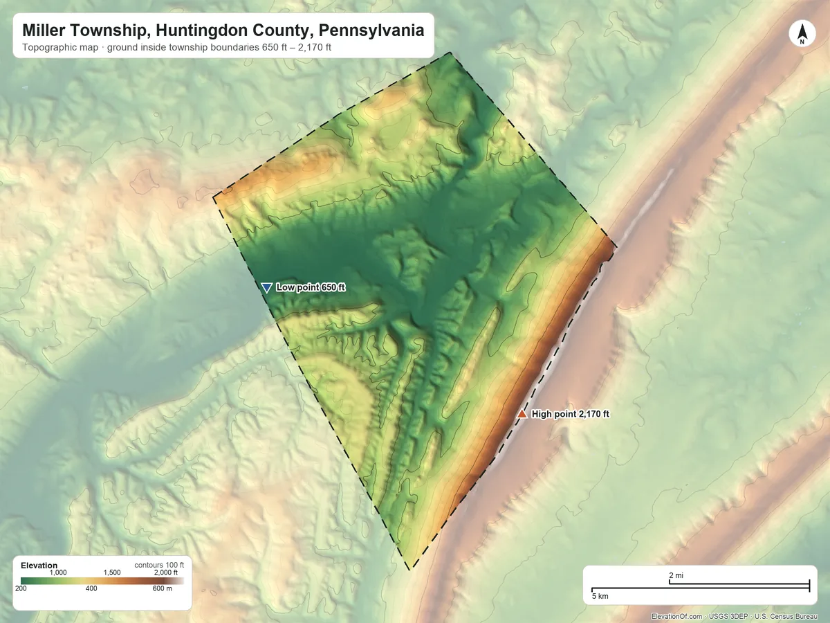 Topographic elevation map of Miller Township, Huntingdon County, Pennsylvania, shaded from 650 ft on the southwest side to 2,170 ft on Stone Mountain