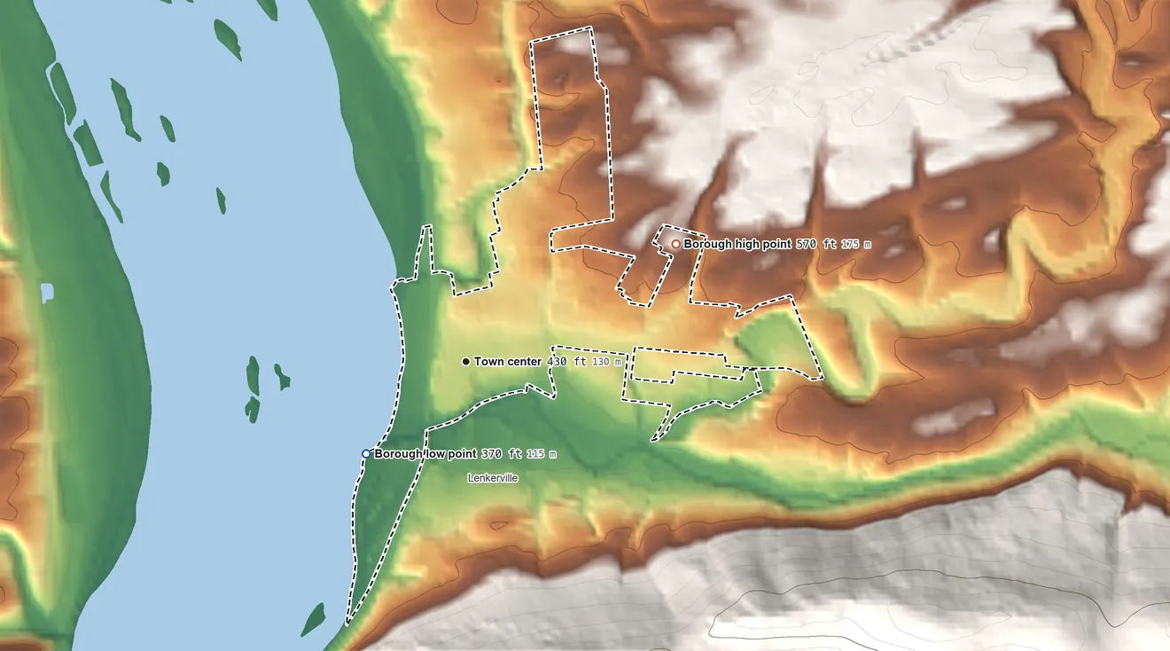 Topographic elevation map of Millersburg, Pennsylvania, shaded from 370 ft on the southwest side to 570 ft on the northeast edge, below higher ground just outside