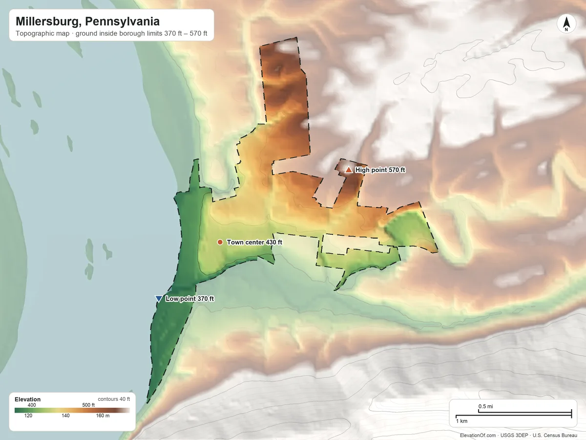 Topographic elevation map of Millersburg, Pennsylvania, shaded from 370 ft on the southwest side to 570 ft on the northeast edge, below higher ground just outside