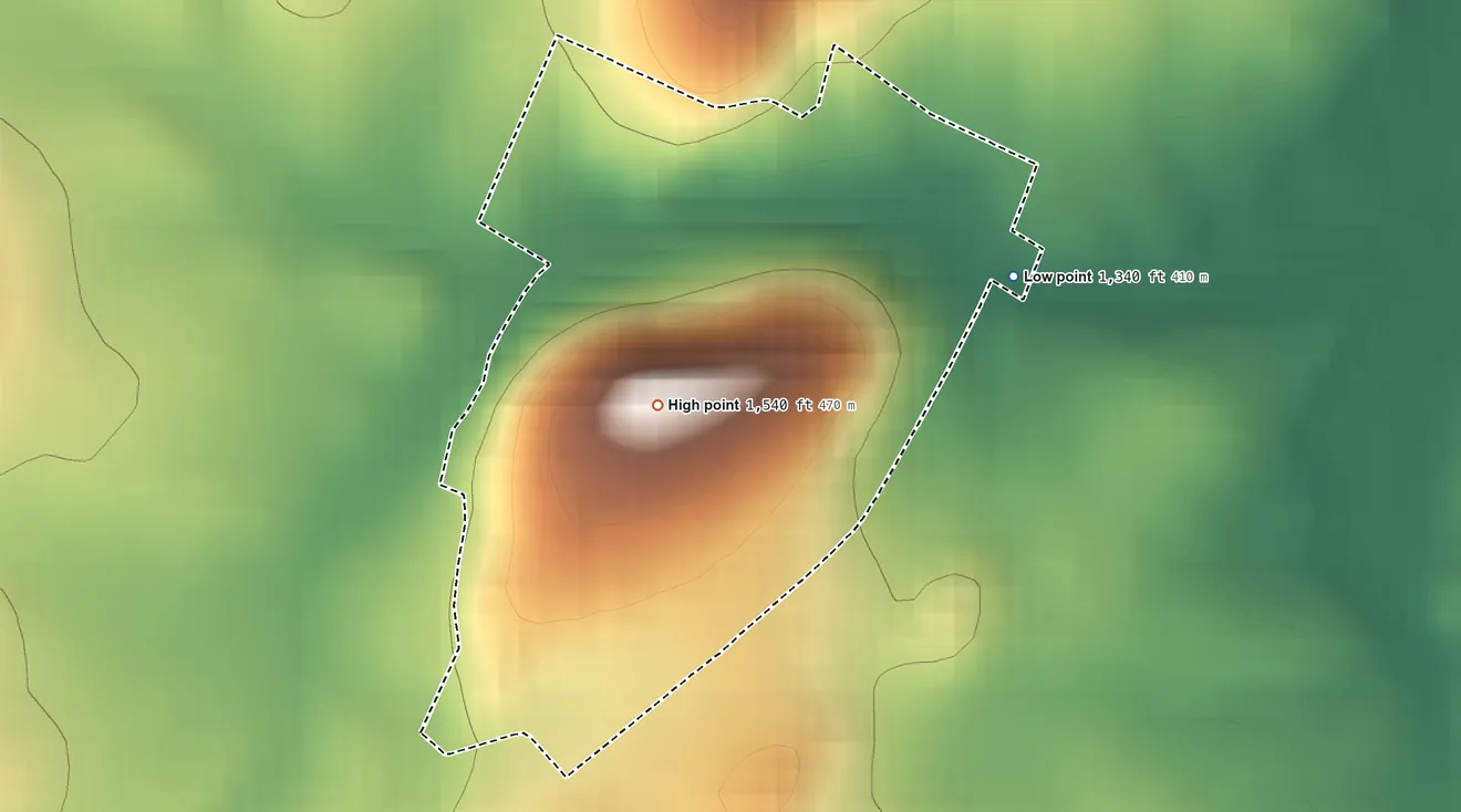 Topographic elevation map of Millerstown, Blair County, Pennsylvania, shaded from 1,340 ft on the northeast side to 1,540 ft at the foot of the Tussey Mountain