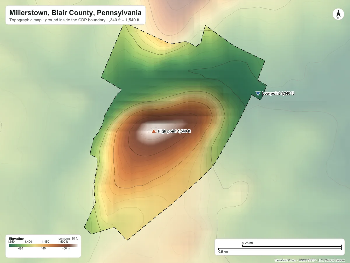 Topographic elevation map of Millerstown, Blair County, Pennsylvania, shaded from 1,340 ft on the northeast side to 1,540 ft at the foot of the Tussey Mountain