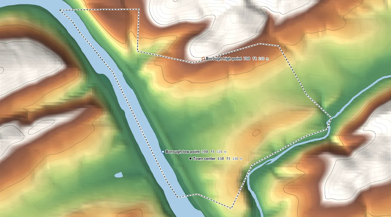 Topographic elevation map of Millerstown, Pennsylvania, shaded from 390 ft near the middle to 790 ft on the north edge, below higher ground just outside