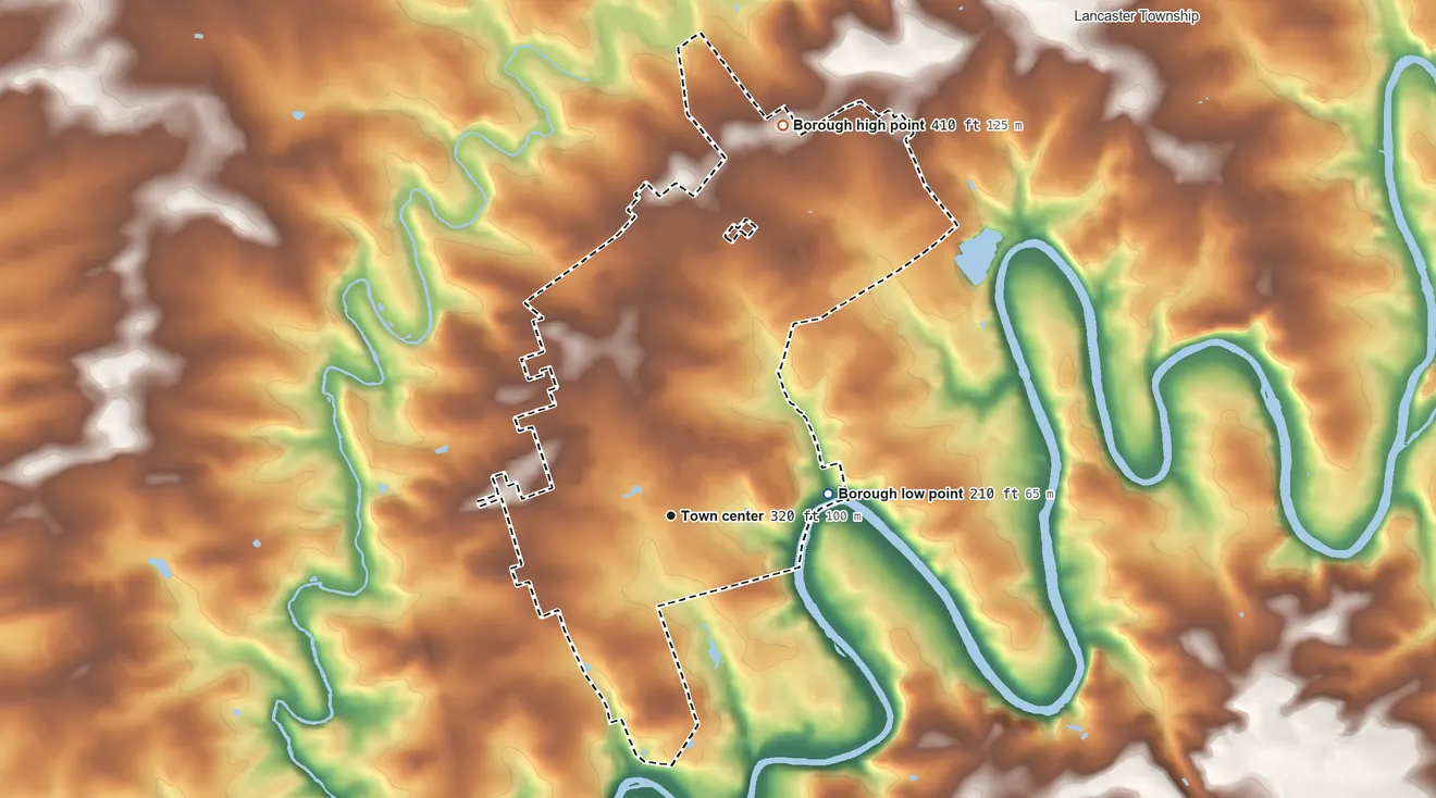Topographic elevation map of Millersville, Pennsylvania, shaded from 210 ft on the east side to 410 ft on the north side