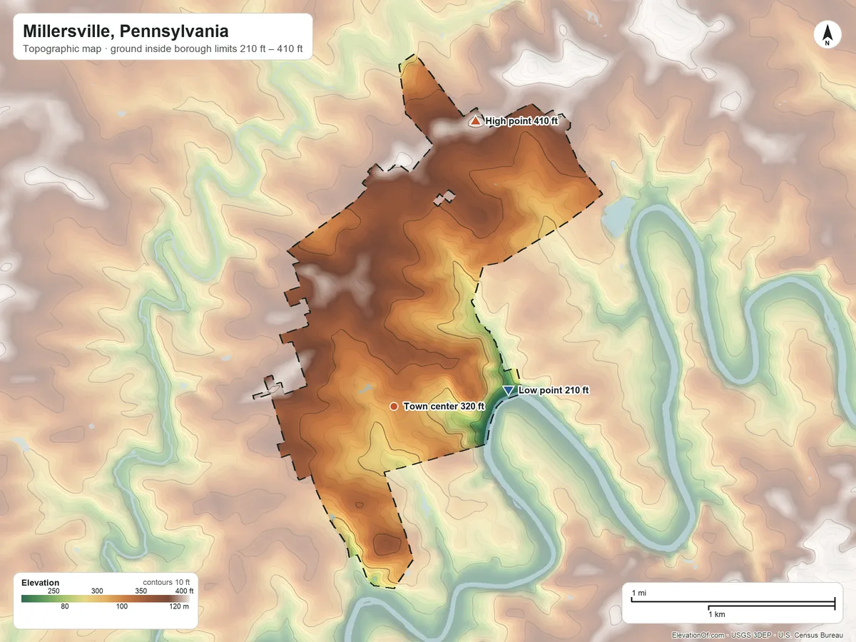 Topographic elevation map of Millersville, Pennsylvania, shaded from 210 ft on the east side to 410 ft on the north side