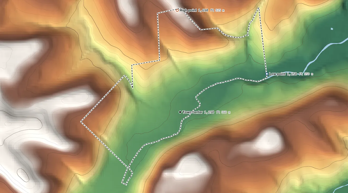 Topographic elevation map of Millerton, Pennsylvania, shaded from 1,150 ft on the northeast side to 1,690 ft on the north side