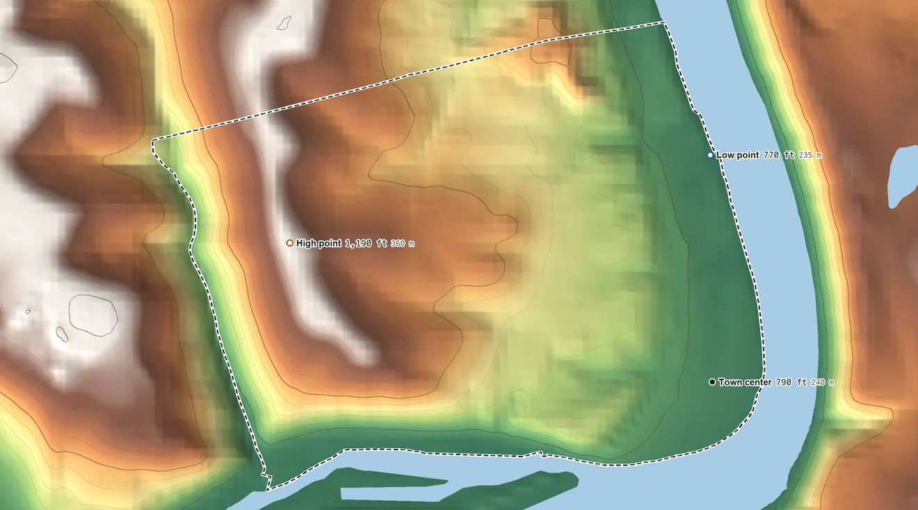 Topographic elevation map of Millsboro, Pennsylvania, shaded from 770 ft on the north side to 1,190 ft on the west side
