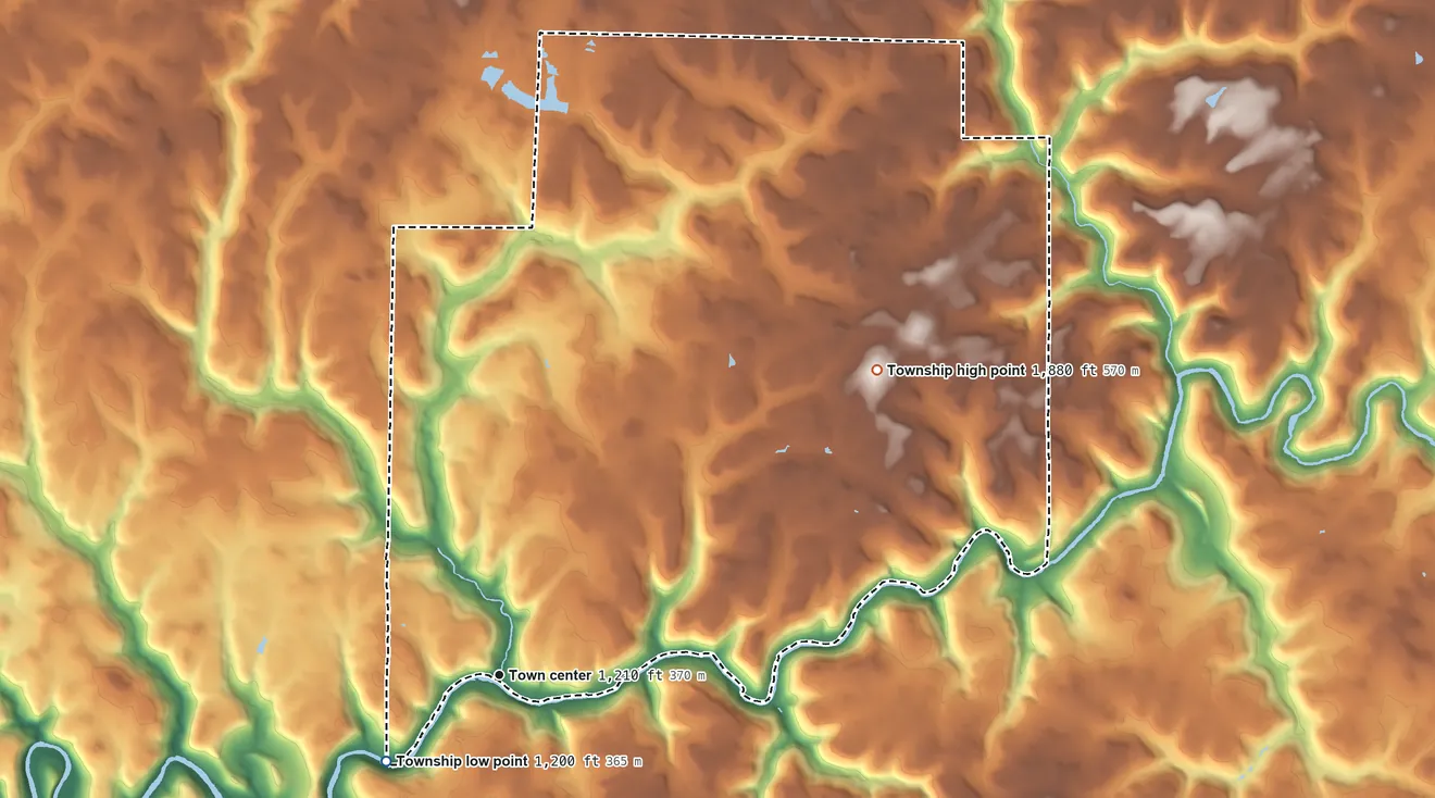 Topographic elevation map of Millstone Township, Pennsylvania, shaded from 1,200 ft on the southwest side to 1,880 ft on the northeast side