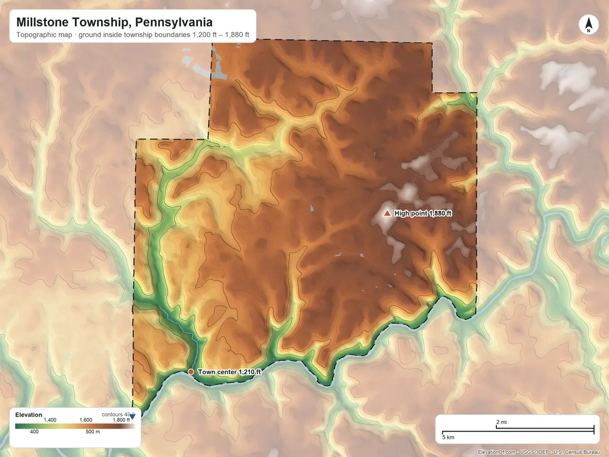 Topographic elevation map of Millstone Township, Pennsylvania, shaded from 1,200 ft on the southwest side to 1,880 ft on the northeast side