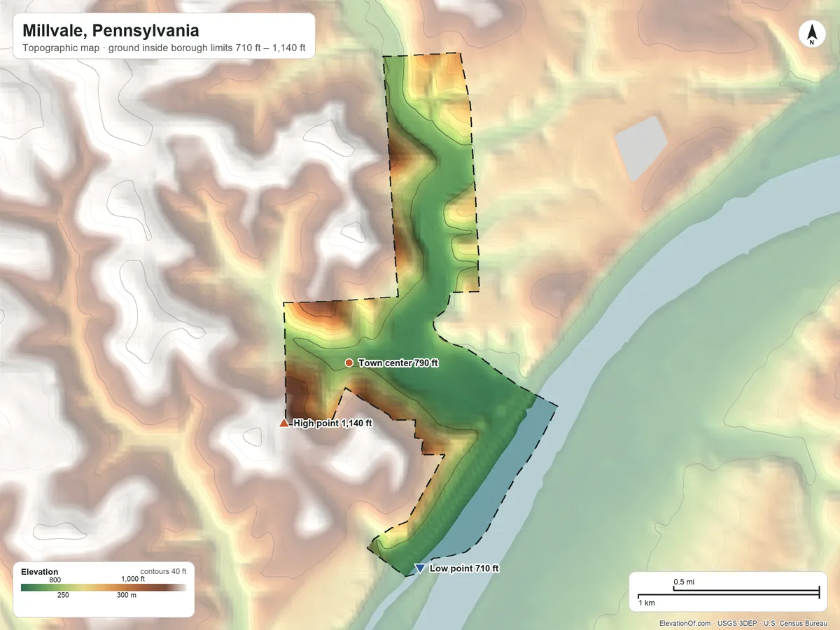 Topographic elevation map of Millvale, Pennsylvania, shaded from 710 ft on the south side to 1,140 ft on the southwest side
