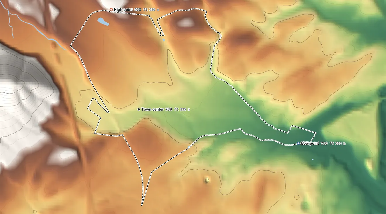 Topographic elevation map of Milroy, Pennsylvania, shaded from 710 ft on the east side to 920 ft at the foot of the Jacks Mountain