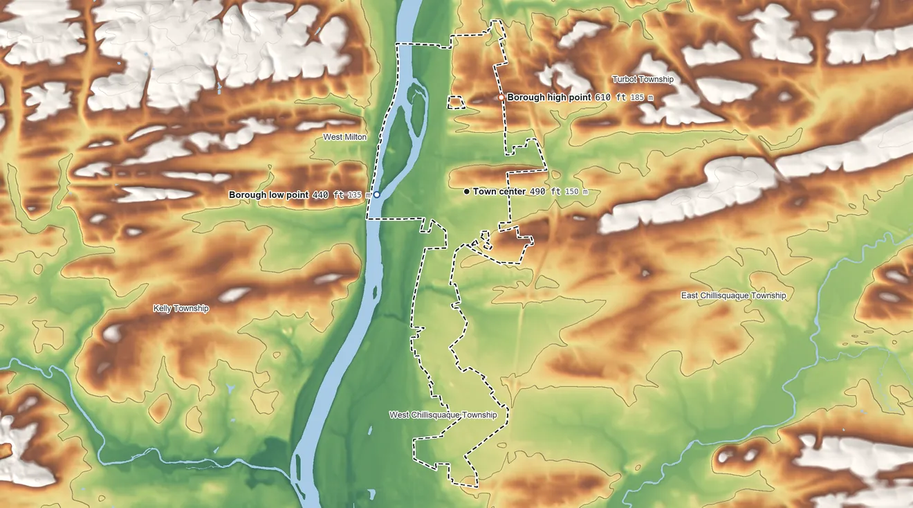 Topographic elevation map of Milton, Pennsylvania, shaded from 440 ft on the west side to 610 ft on the north side