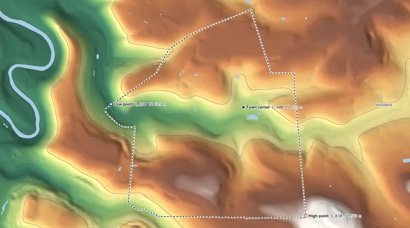 Topographic elevation map of Mineral Springs, Pennsylvania, shaded from 1,270 ft on the west side to 1,830 ft on the southeast side