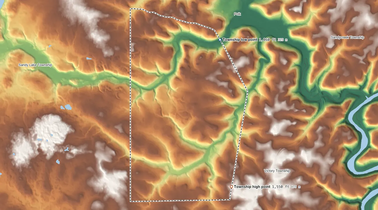 Topographic elevation map of Mineral Township, Pennsylvania, shaded from 1,060 ft on the northeast side to 1,550 ft on the southeast side