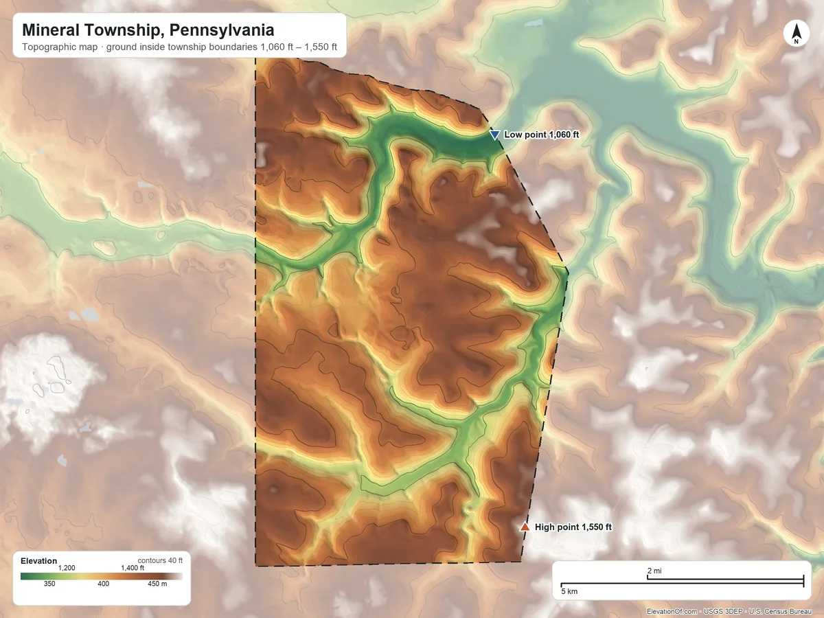 Topographic elevation map of Mineral Township, Pennsylvania, shaded from 1,060 ft on the northeast side to 1,550 ft on the southeast side