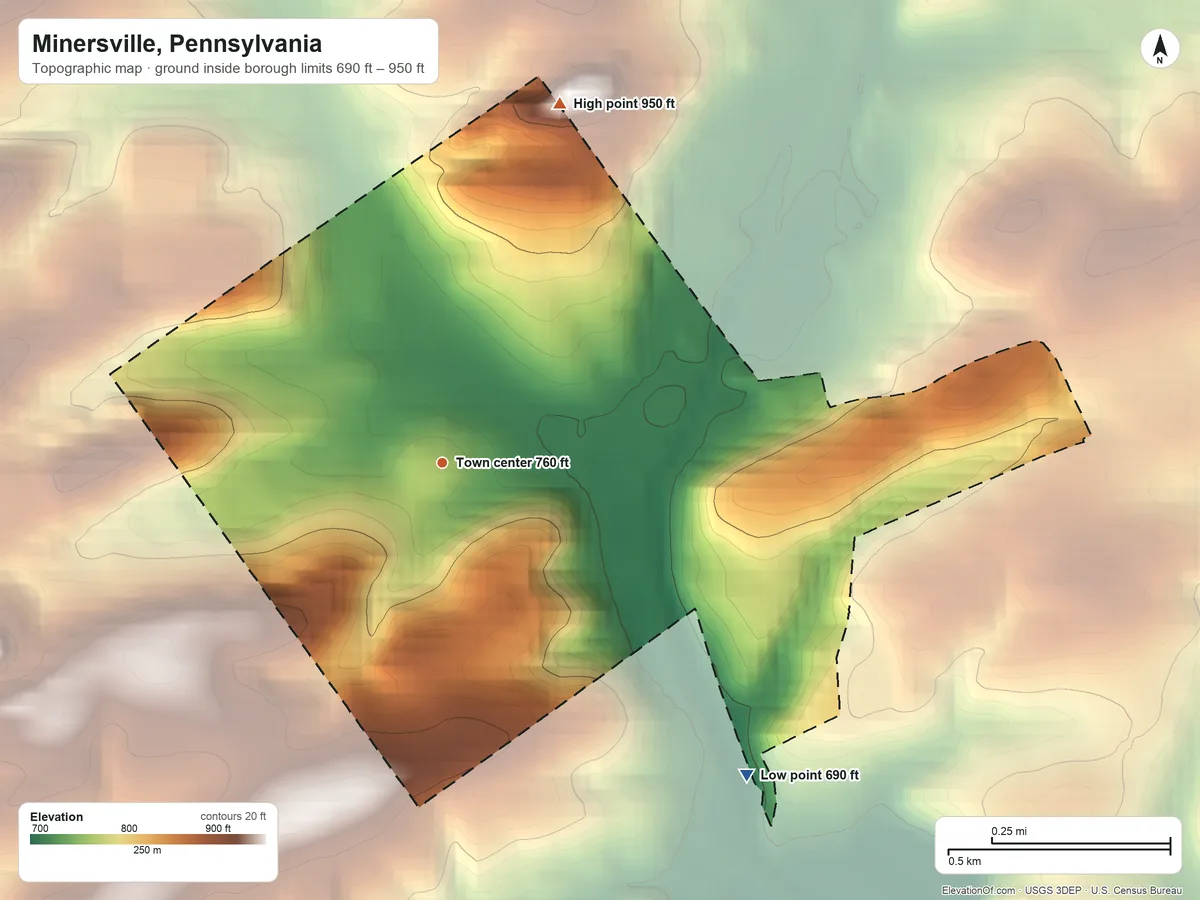Topographic elevation map of Minersville, Pennsylvania, shaded from 690 ft on the southeast side to 950 ft at the foot of the Broad Mountain
