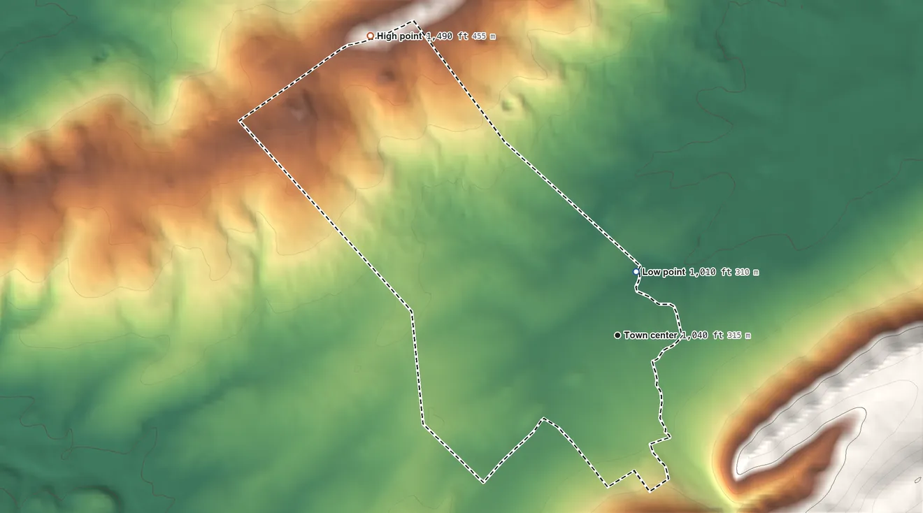 Topographic elevation map of Mingoville, Pennsylvania, shaded from 1,010 ft on the north side to 1,490 ft on the northwest side
