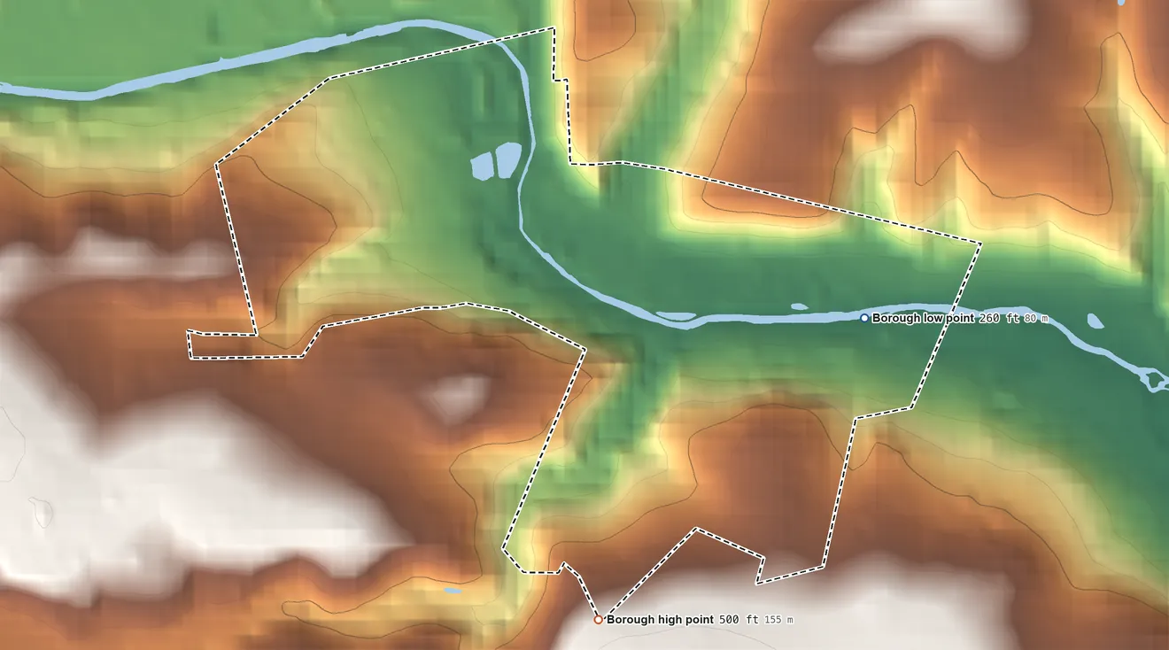 Topographic elevation map of Modena, Pennsylvania, shaded from 260 ft on the east side to 500 ft on the south side