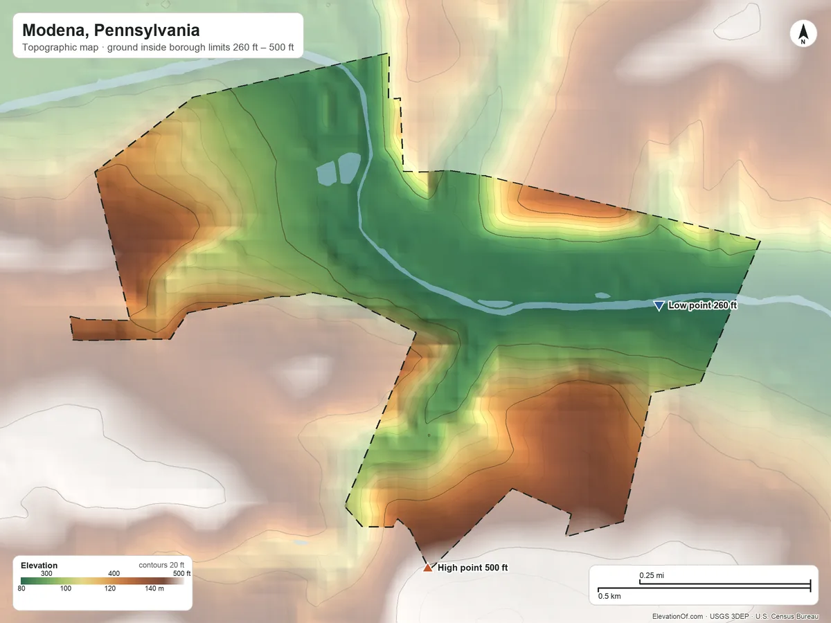 Topographic elevation map of Modena, Pennsylvania, shaded from 260 ft on the east side to 500 ft on the south side