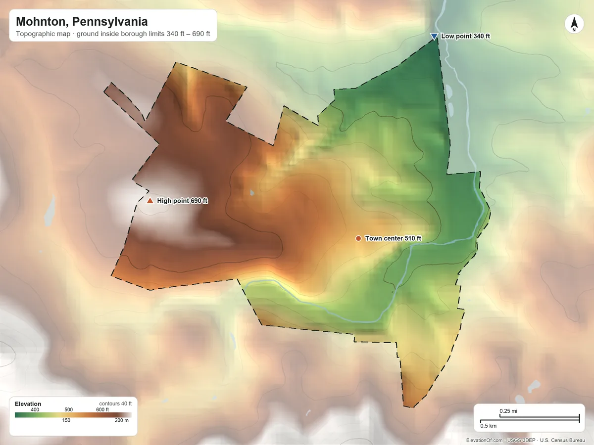 Topographic elevation map of Mohnton, Pennsylvania, shaded from 340 ft on the north side to 690 ft at the foot of the South Mountain