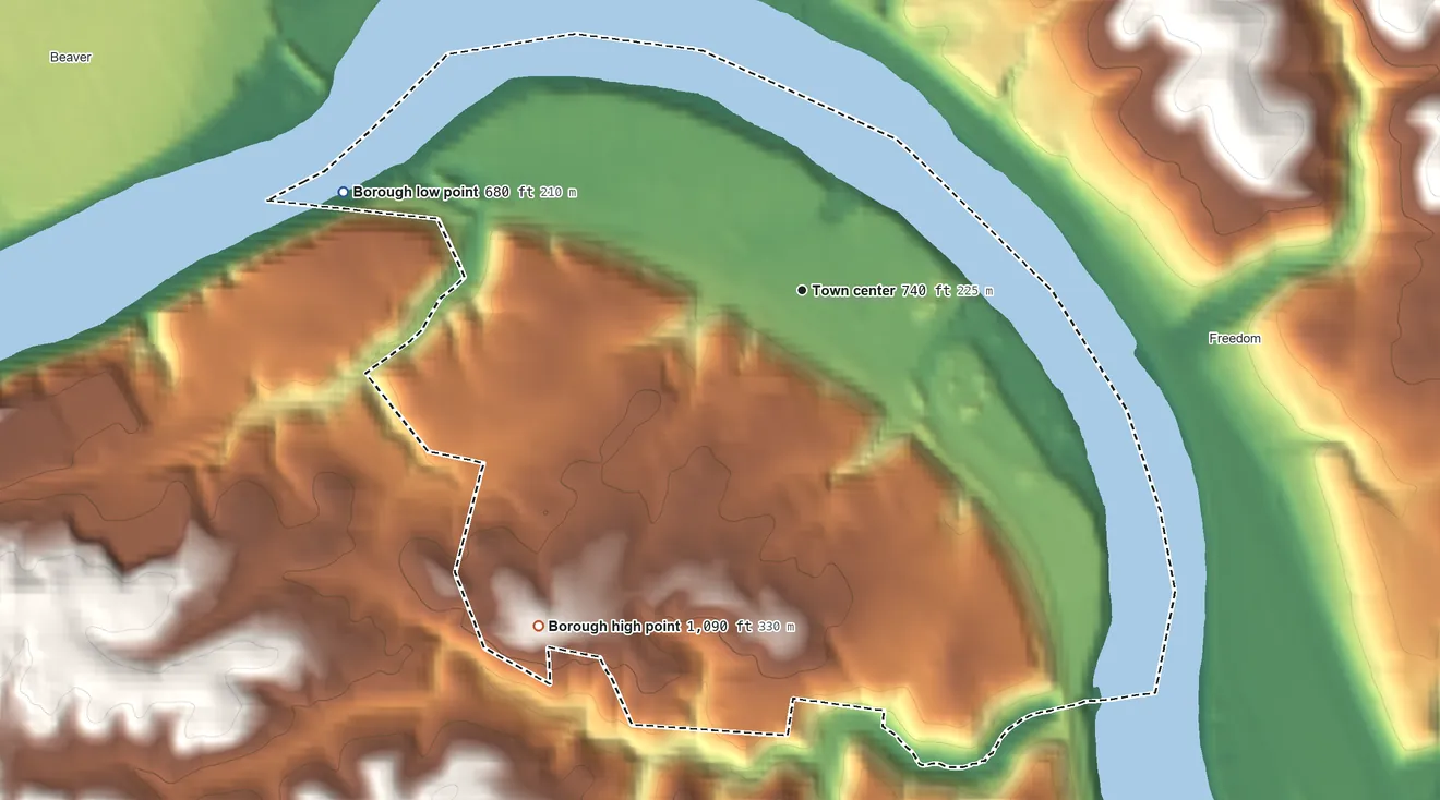 Topographic elevation map of Monaca, Pennsylvania, shaded from 680 ft on the west side to 1,090 ft on the southwest side