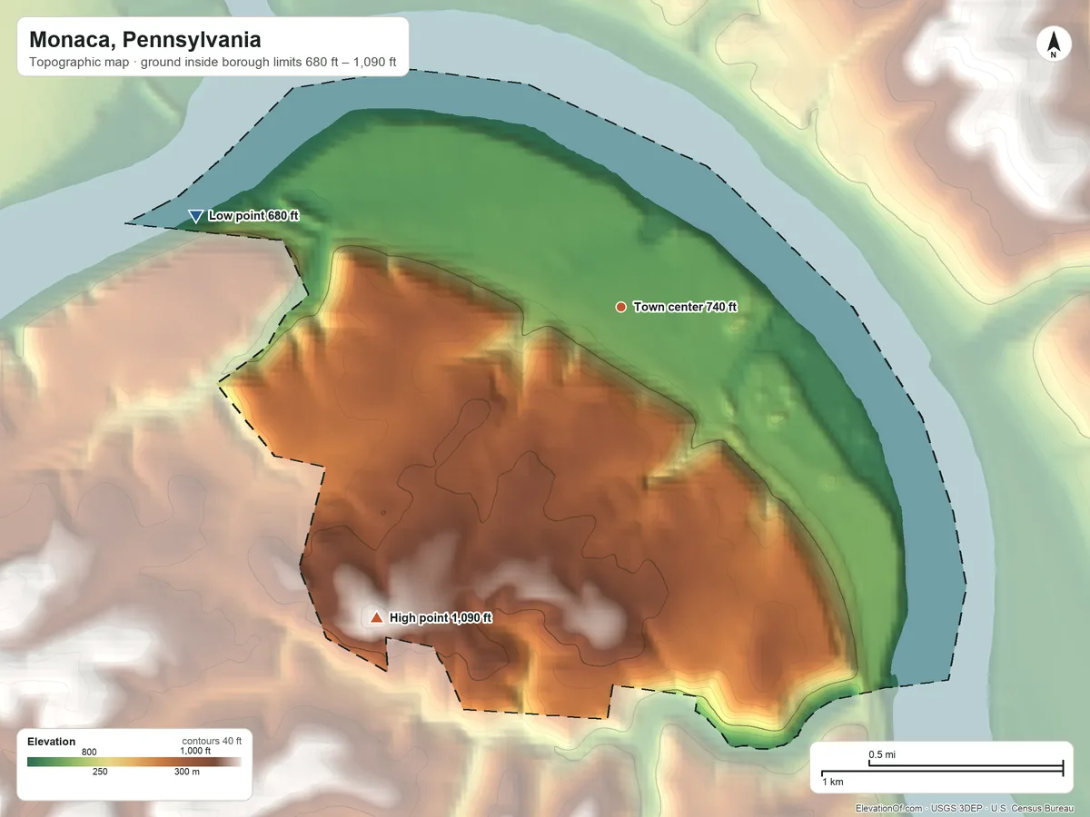Topographic elevation map of Monaca, Pennsylvania, shaded from 680 ft on the west side to 1,090 ft on the southwest side