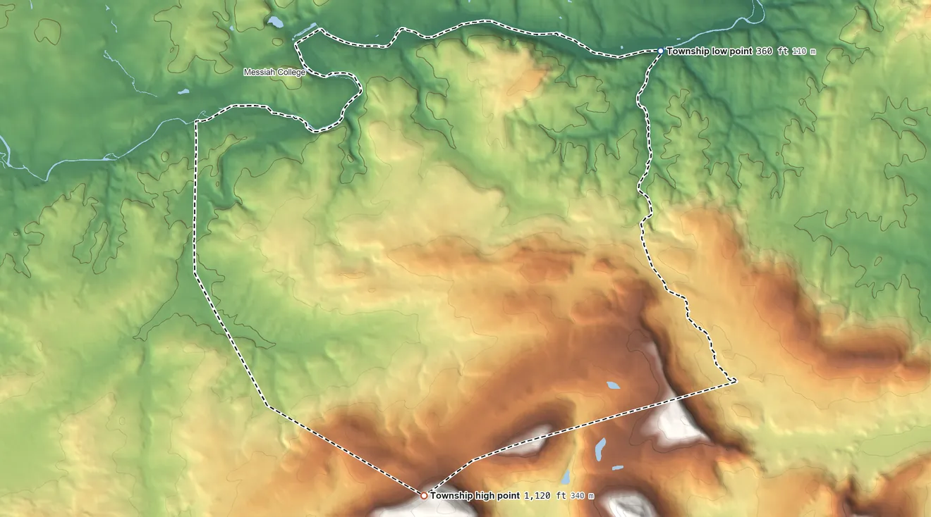 Topographic elevation map of Monaghan Township, Pennsylvania, shaded from 360 ft on the northeast side to 1,120 ft on the south side