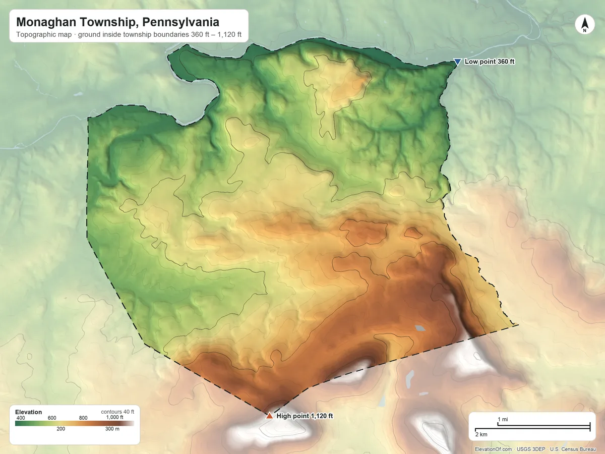 Topographic elevation map of Monaghan Township, Pennsylvania, shaded from 360 ft on the northeast side to 1,120 ft on the south side