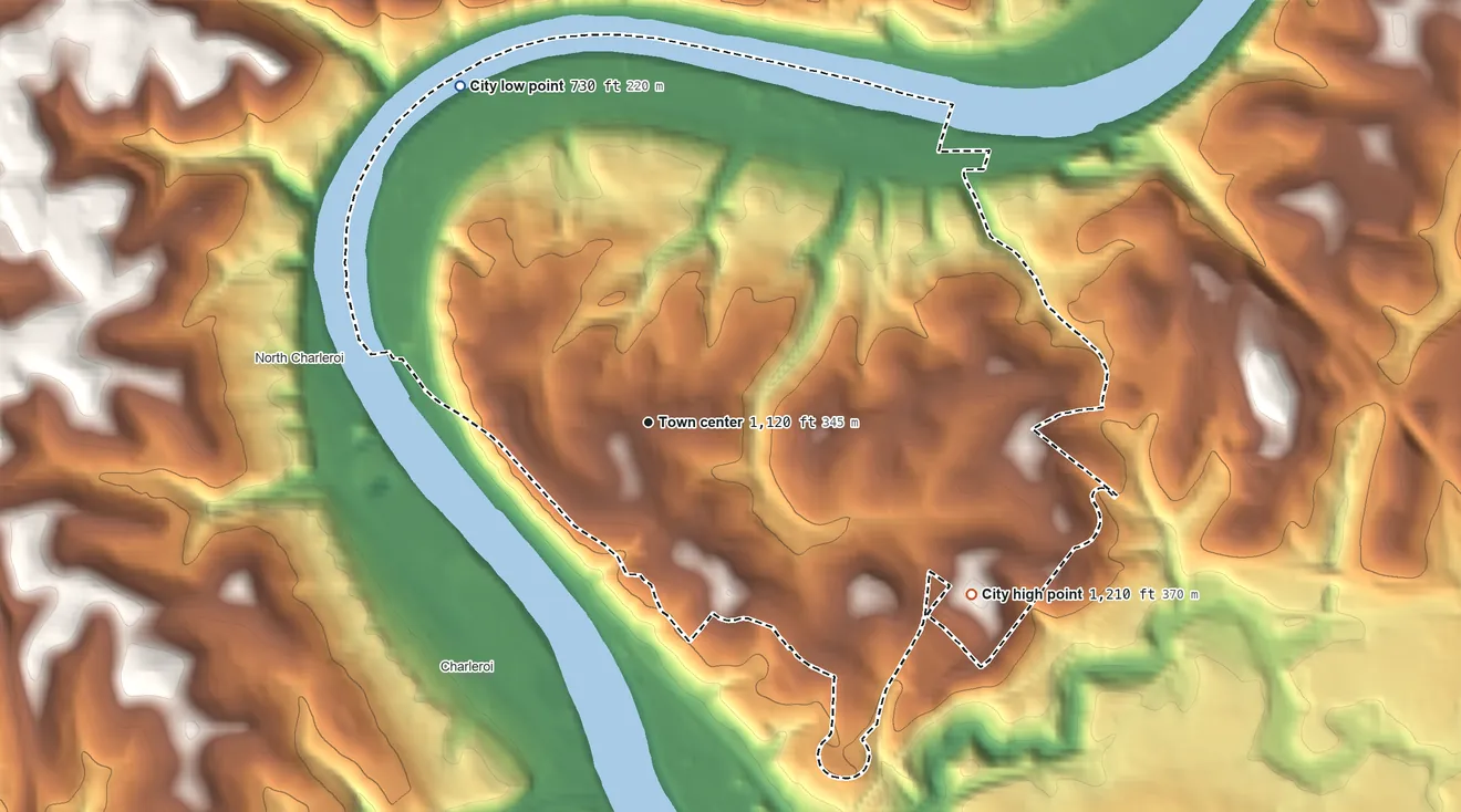 Topographic elevation map of Monessen, Pennsylvania, shaded from 730 ft on the northwest side to 1,210 ft on the southeast side