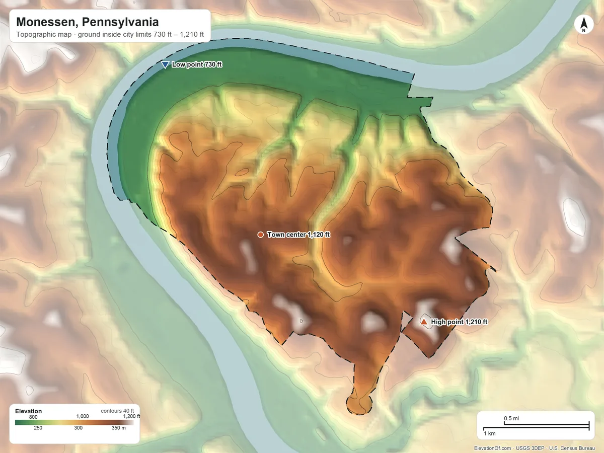 Topographic elevation map of Monessen, Pennsylvania, shaded from 730 ft on the northwest side to 1,210 ft on the southeast side