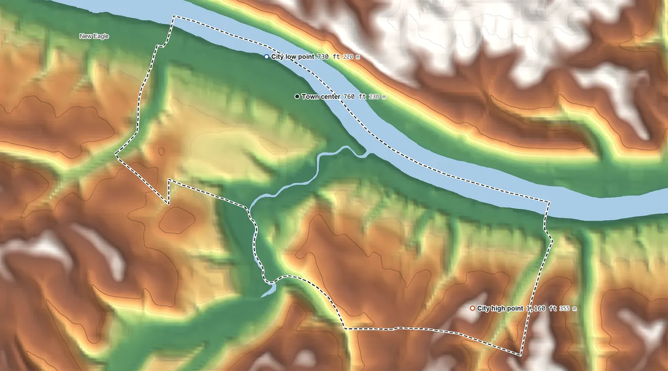 Topographic elevation map of Monongahela, Pennsylvania, shaded from 730 ft near the middle to 1,160 ft on the southeast side