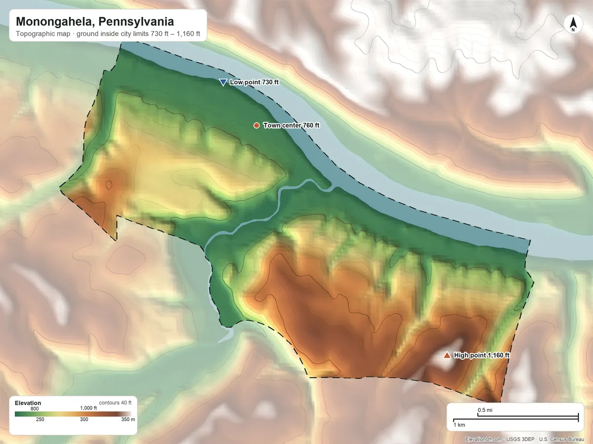Topographic elevation map of Monongahela, Pennsylvania, shaded from 730 ft near the middle to 1,160 ft on the southeast side