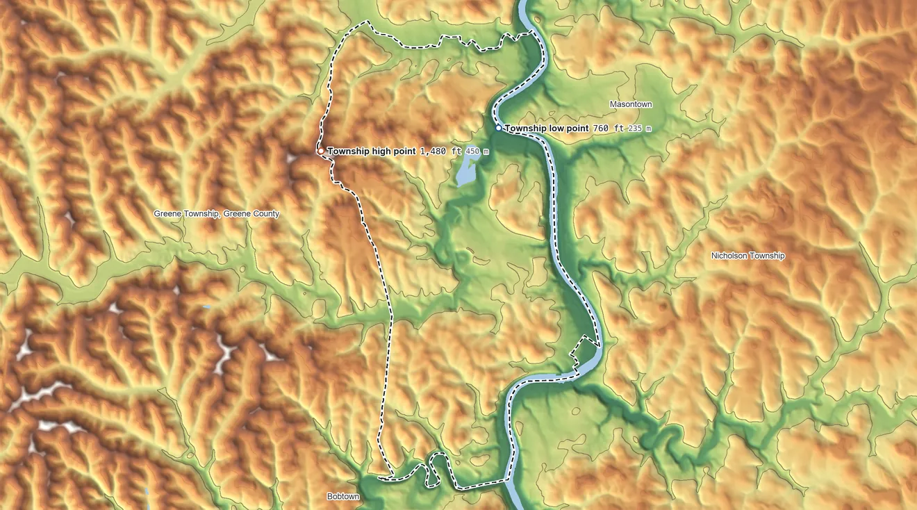 Topographic elevation map of Monongahela Township, Pennsylvania, shaded from 760 ft on the north side to 1,480 ft on Turkey Knob