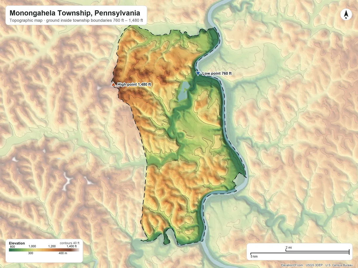 Topographic elevation map of Monongahela Township, Pennsylvania, shaded from 760 ft on the north side to 1,480 ft on Turkey Knob