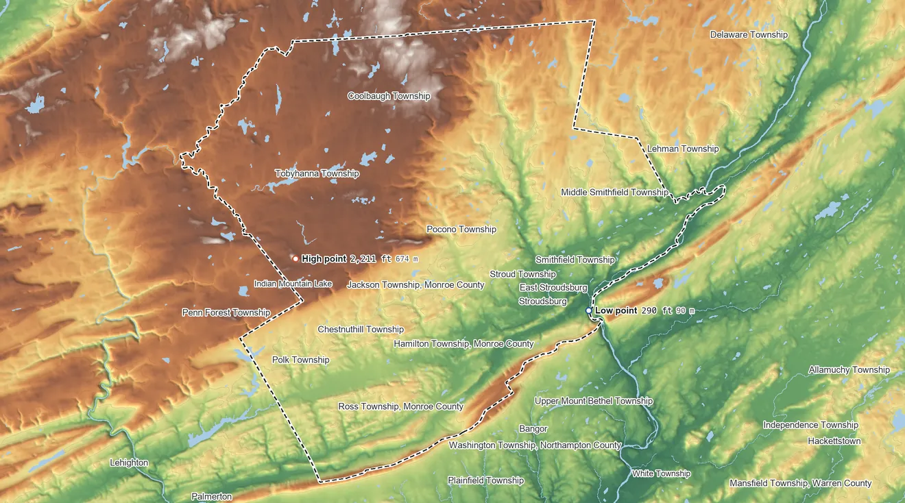 Topographic elevation map of Monroe County, Pennsylvania, shaded from 290 ft on the southeast side to 2,211 ft on Pimple Hill