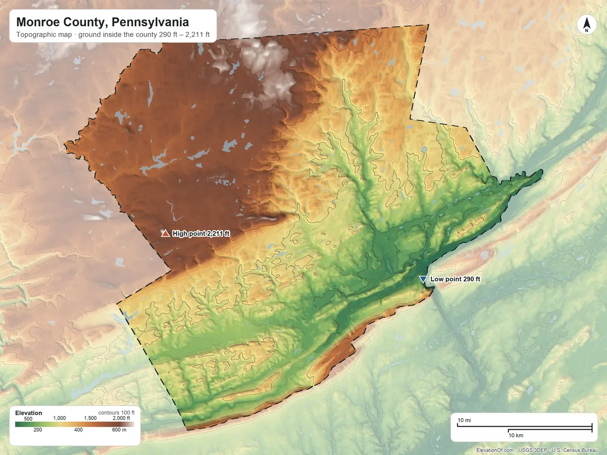 Topographic elevation map of Monroe County, Pennsylvania, shaded from 290 ft on the southeast side to 2,211 ft on Pimple Hill