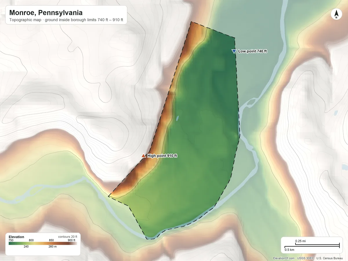 Topographic elevation map of Monroe, Pennsylvania, shaded from 740 ft on the northeast side to 910 ft on the west edge, below higher ground just outside