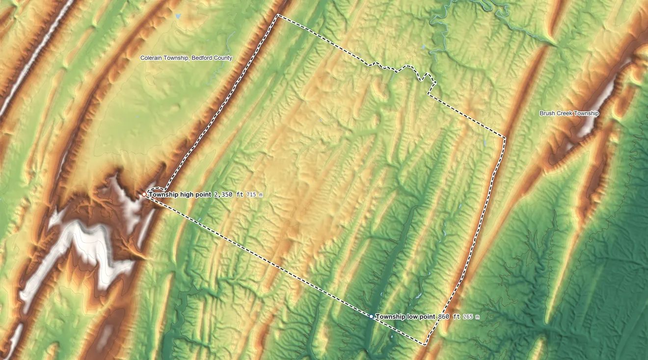 Topographic elevation map of Monroe Township, Bedford County, Pennsylvania, shaded from 860 ft on the south side to 2,350 ft on the west side