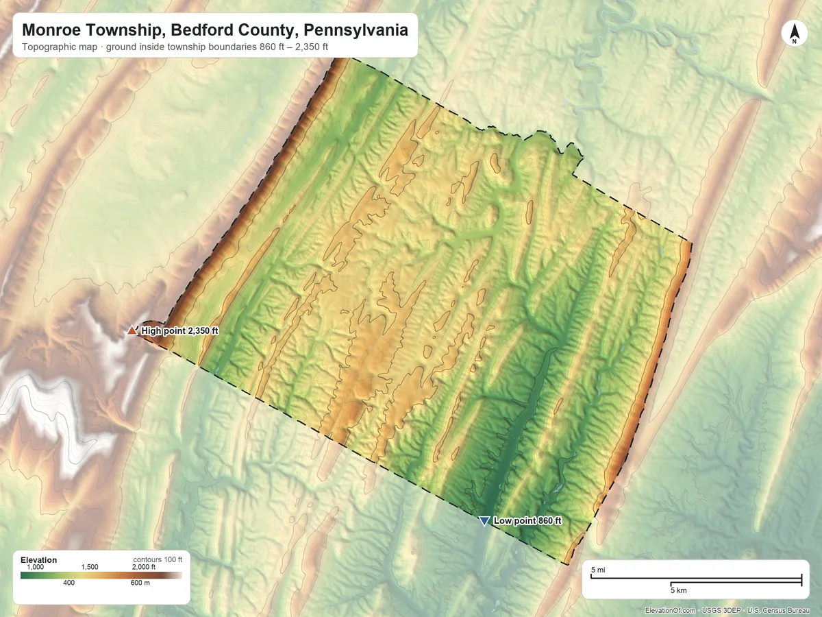 Topographic elevation map of Monroe Township, Bedford County, Pennsylvania, shaded from 860 ft on the south side to 2,350 ft on the west side