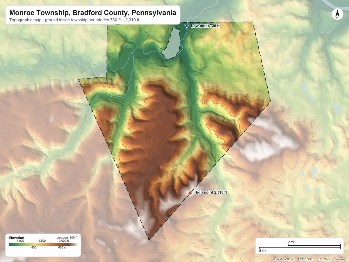 Topographic elevation map of Monroe Township, Bradford County, Pennsylvania, shaded from 730 ft on the north side to 2,310 ft on Hatch Mountain