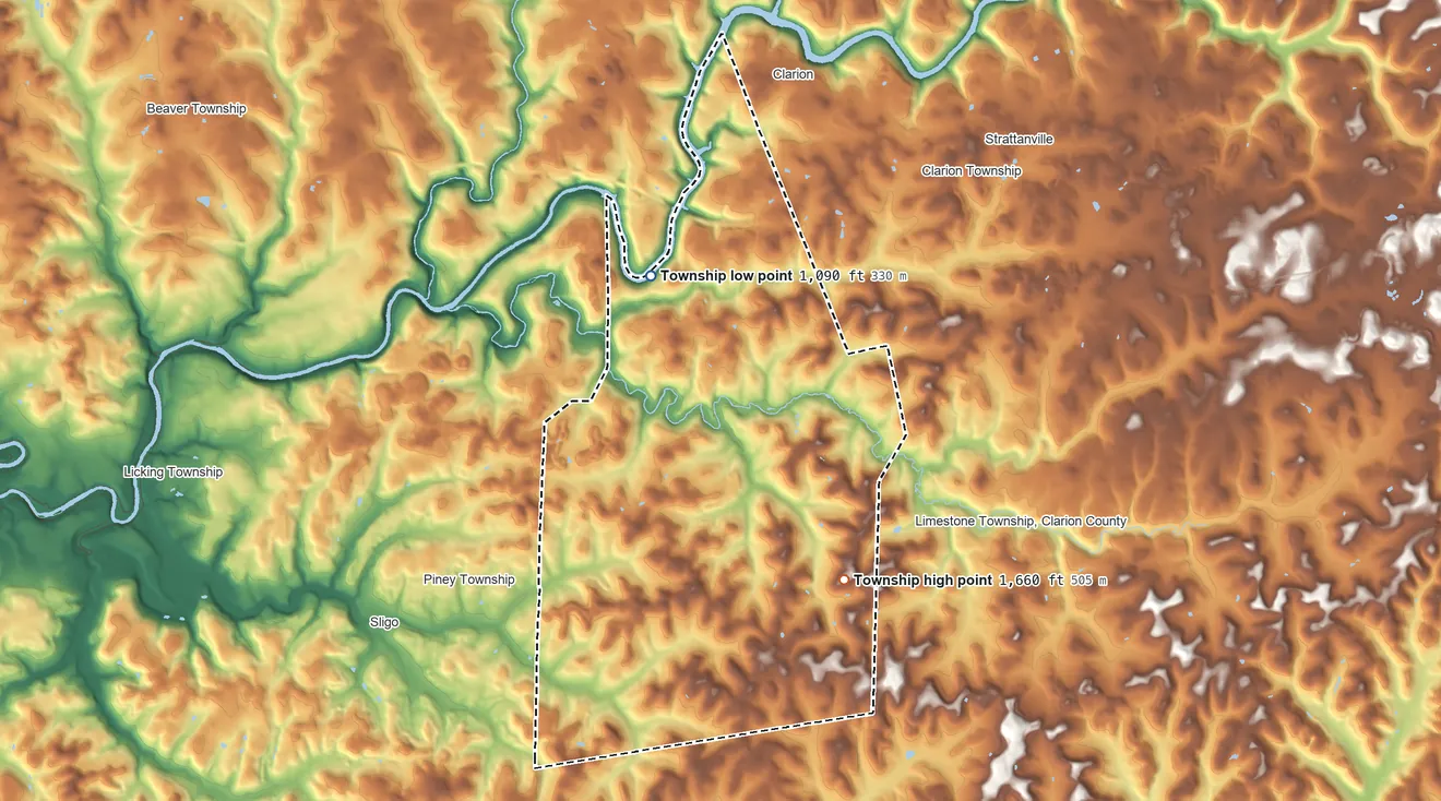 Topographic elevation map of Monroe Township, Clarion County, Pennsylvania, shaded from 1,090 ft on the northwest side to 1,660 ft on the southeast side