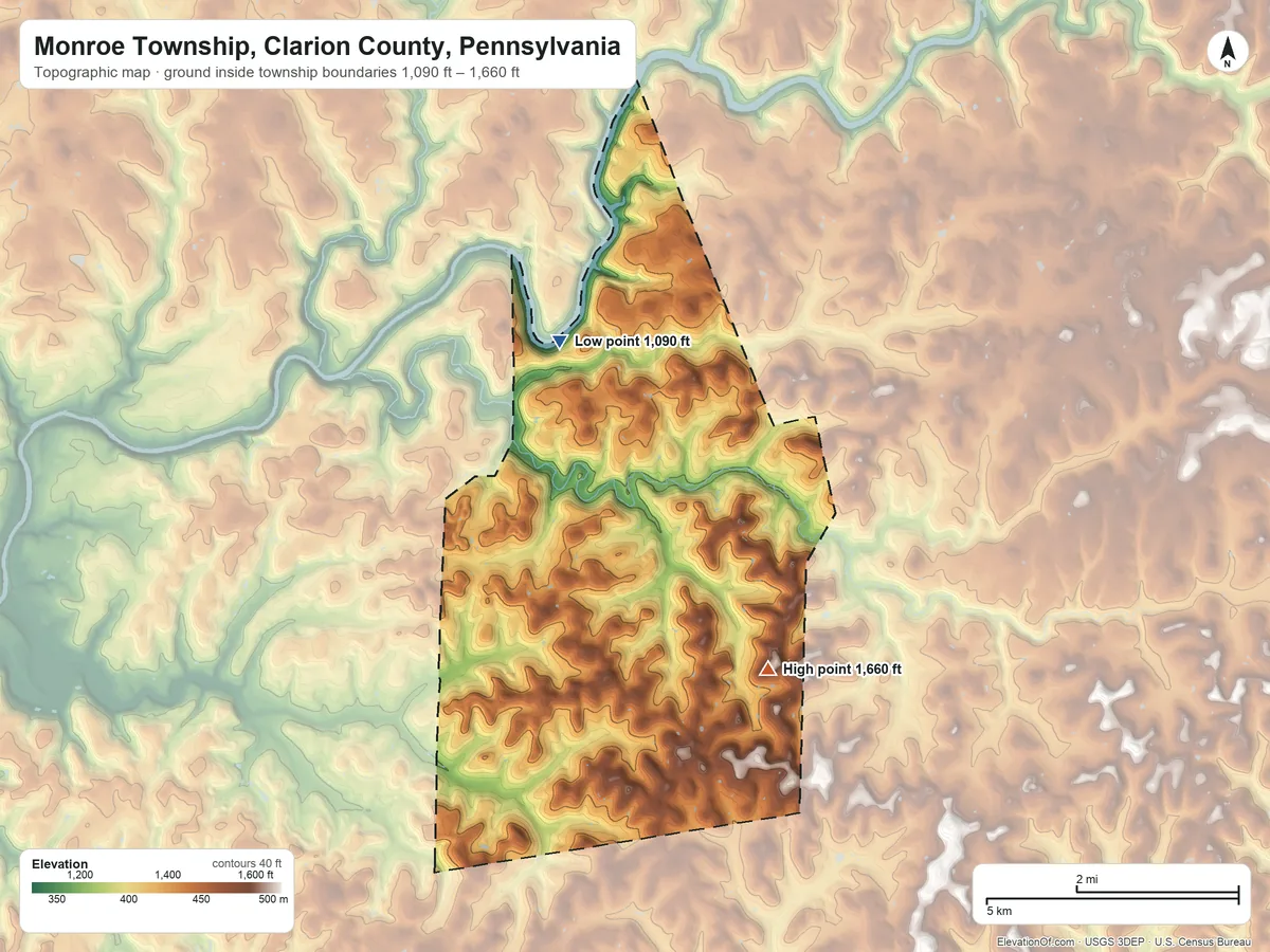Topographic elevation map of Monroe Township, Clarion County, Pennsylvania, shaded from 1,090 ft on the northwest side to 1,660 ft on the southeast side
