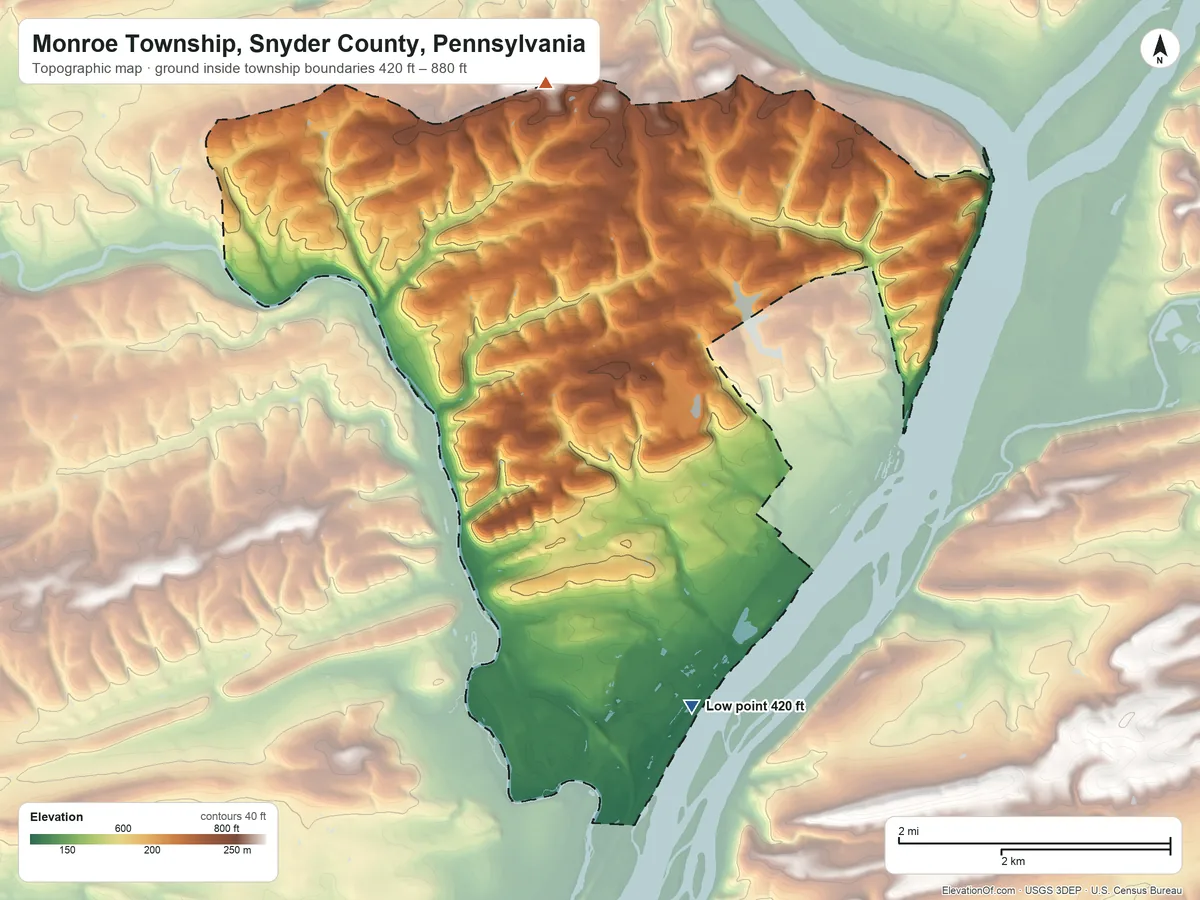 Topographic elevation map of Monroe Township, Snyder County, Pennsylvania, shaded from 420 ft on the south side to 880 ft on the north side