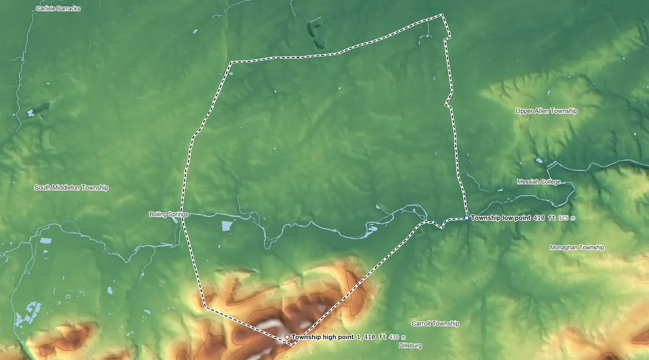 Topographic elevation map of Monroe Township, Pennsylvania, shaded from 410 ft on the southeast side to 1,410 ft on the south side