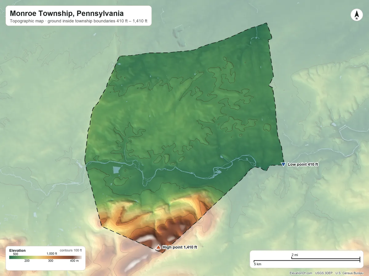 Topographic elevation map of Monroe Township, Pennsylvania, shaded from 410 ft on the southeast side to 1,410 ft on the south side
