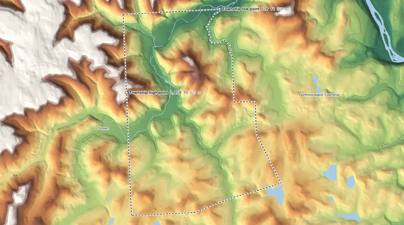 Topographic elevation map of Monroe Township, Wyoming County, Pennsylvania, shaded from 720 ft on the north side to 2,050 ft on the northwest side