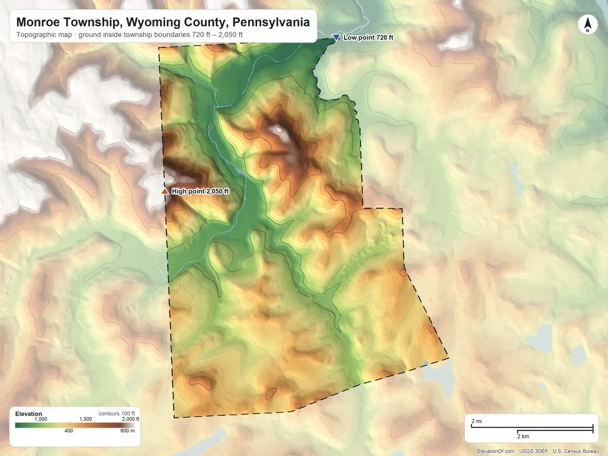 Topographic elevation map of Monroe Township, Wyoming County, Pennsylvania, shaded from 720 ft on the north side to 2,050 ft on the northwest side