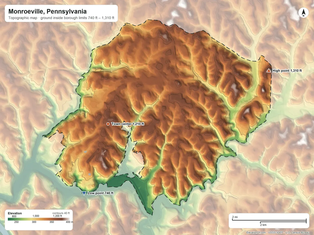 Topographic elevation map of Monroeville, Pennsylvania, shaded from 740 ft on the south side to 1,310 ft on the east side