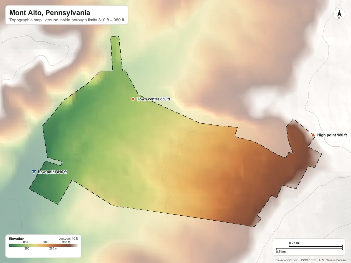 Topographic elevation map of Mont Alto, Pennsylvania, shaded from 810 ft on the southwest side to 980 ft at the foot of the South Mountain
