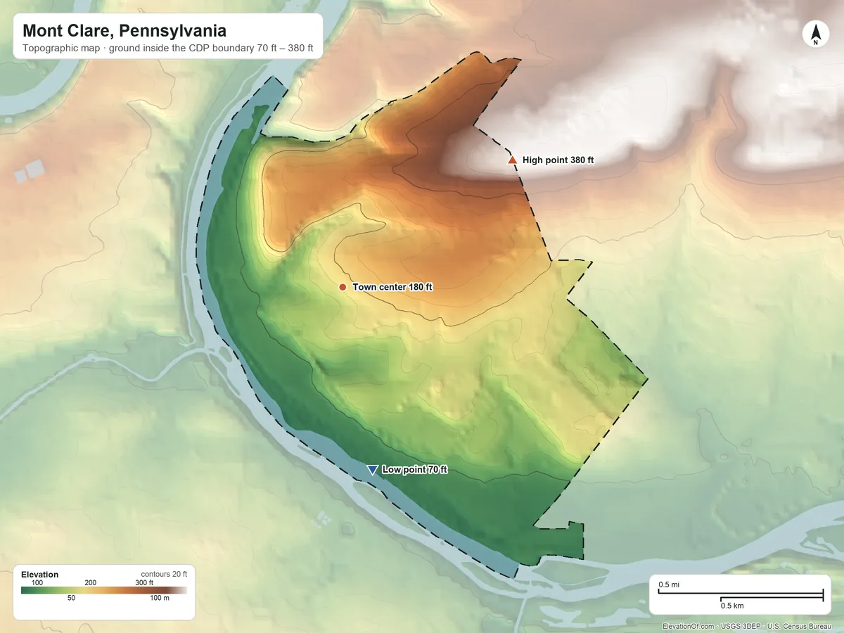 Topographic elevation map of Mont Clare, Pennsylvania, shaded from 70 ft on the south side to 380 ft on the northeast side